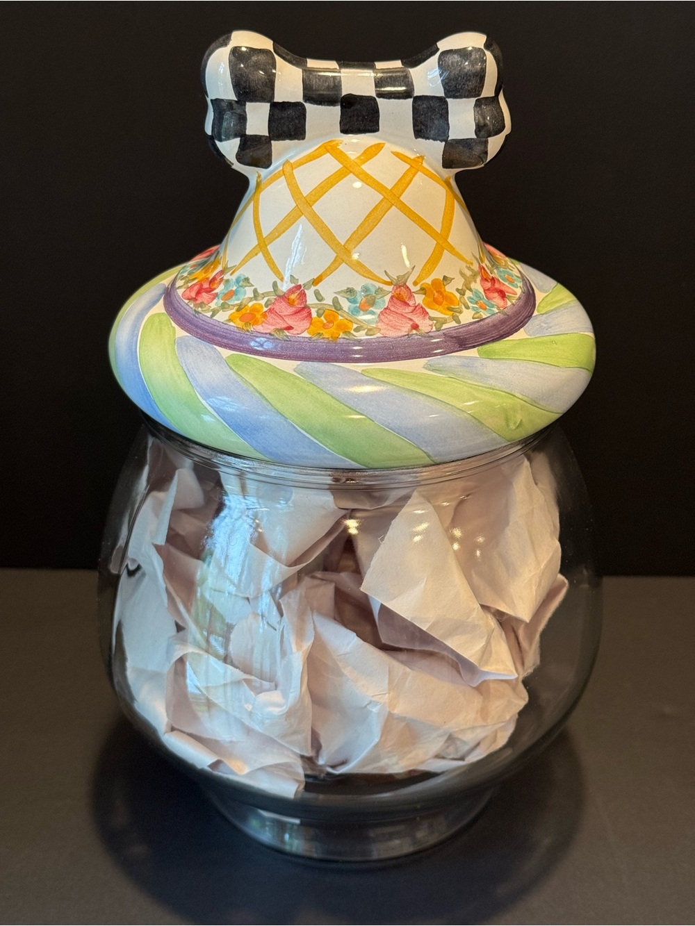 MacKenzie-Childs Canine Cookie Jar Hand Painted Lid & Courtly Check Bone Lid